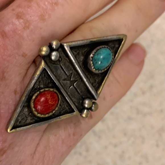 Spell gypsy two lovers brass ring 7 coral turquoise - Picture 9 of 10